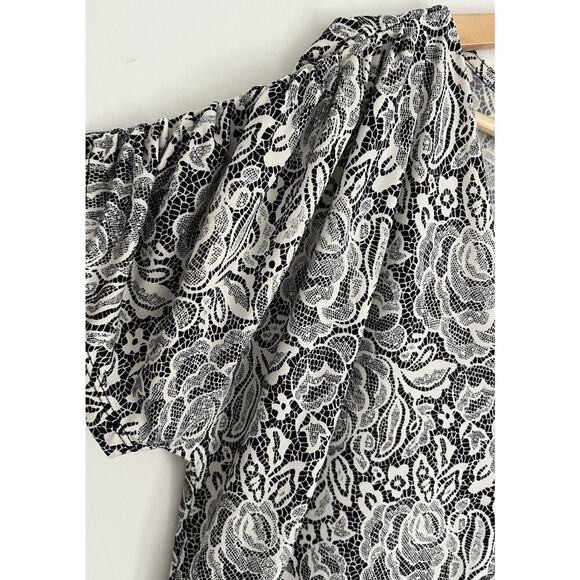 Anne Klein Blouse Top XL Gathered Sleeve Floral Black White Polyester Spandex - Picture 4 of 9